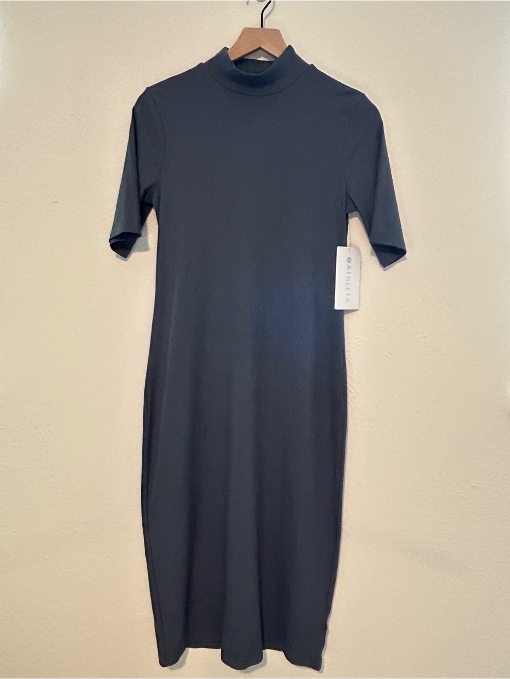 NWT Athleta Signature Rib Mock Neck Midi Dress Blue Gray Minimalist Size Medium - Picture 2 of 8